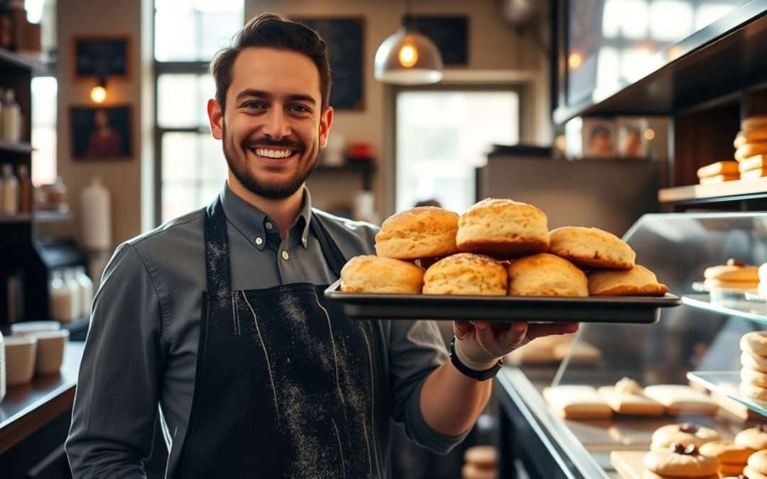 Bar owner with freshly baked scones in a bakery.