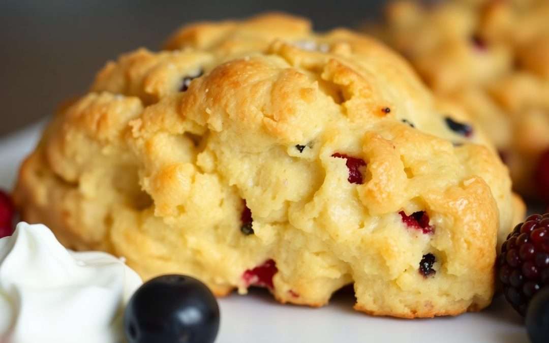 Delicious scones with cream and berries on a plate.