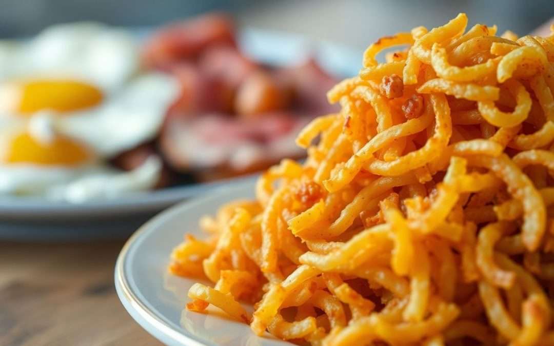 Hash browns next to a Full English breakfast.