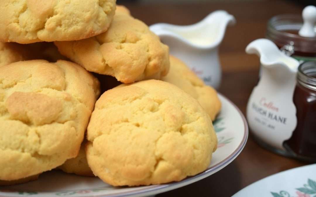 Homemade scones with cream and jam on a plate.