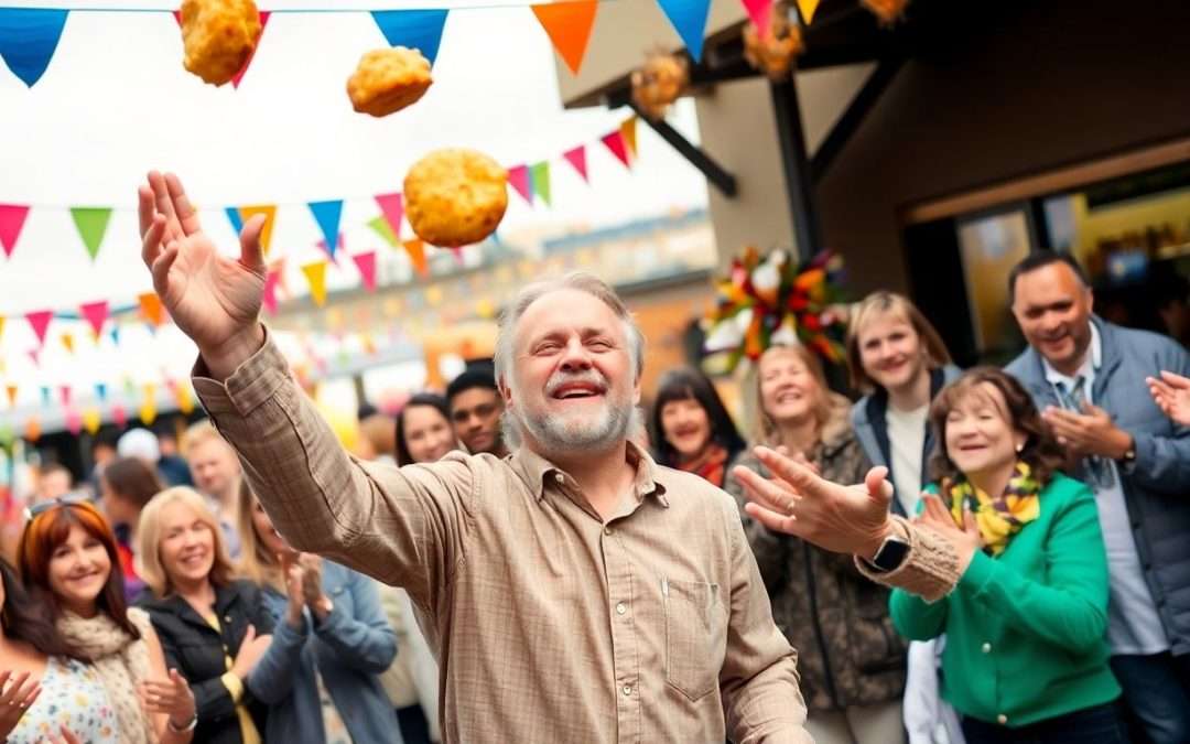 People tossing pasties at a heritage festival.