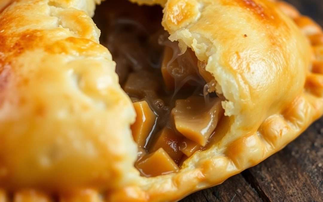 Golden Cornish pasty with flaky crust.