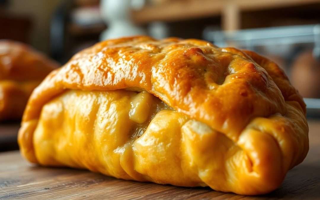 Expensive Cornish pasty on a wooden board.