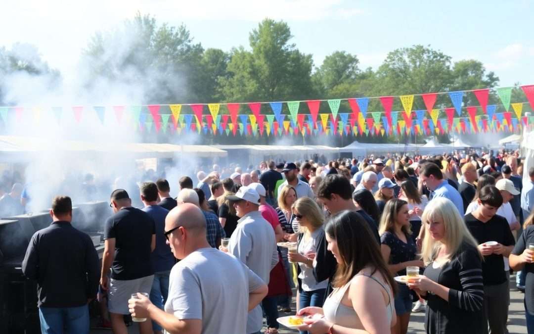 People enjoying food and drinks at a lively festival.