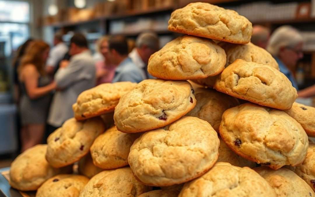 Golden scones at a busy NYC bakery.