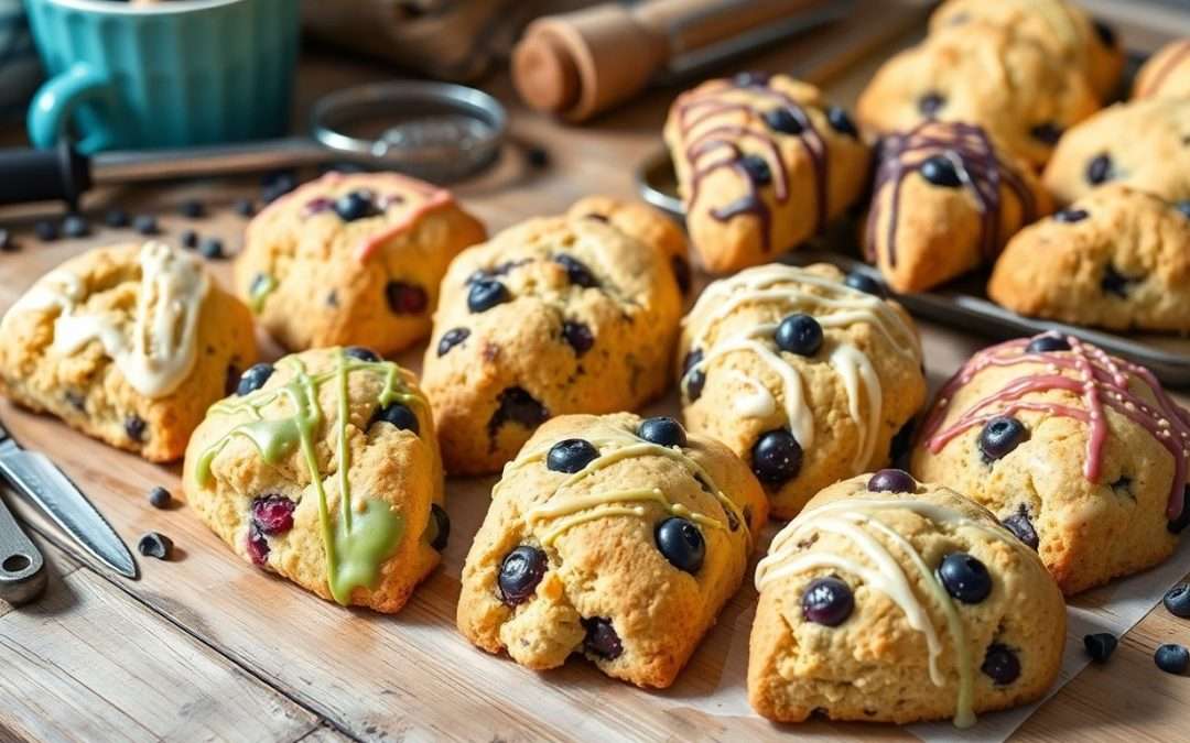 Assorted colorful scones on rustic table with baking tools.