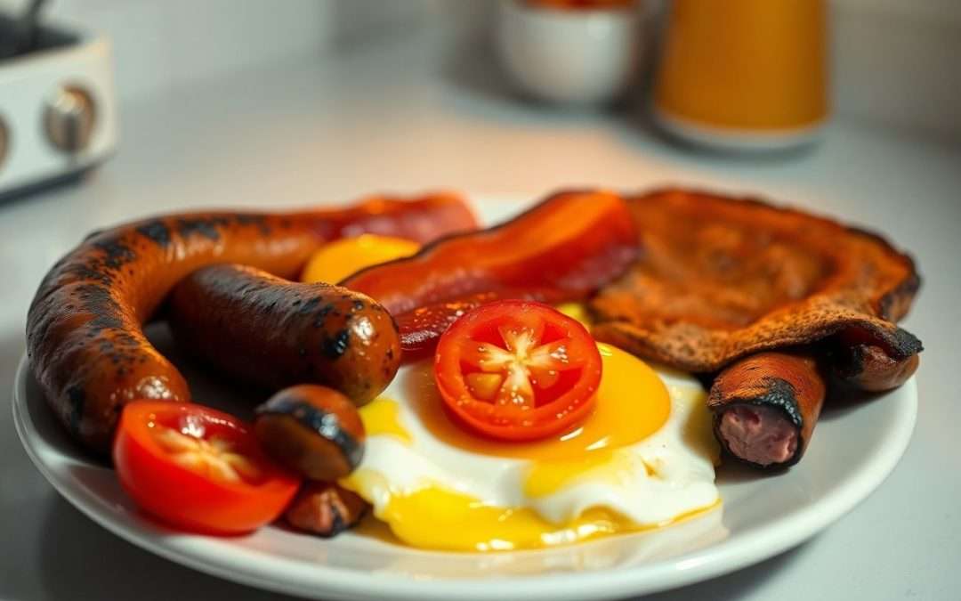 Messy English breakfast plate with spotlighted back bacon