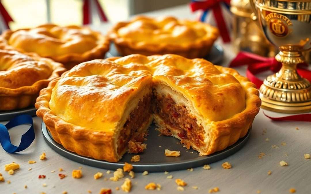 Kebab pie with trophy among assorted British pies