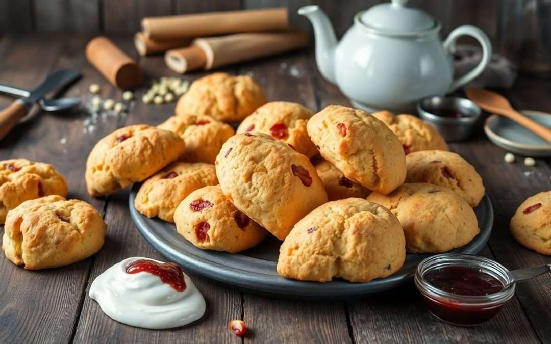 Fresh golden scones on a rustic wooden table