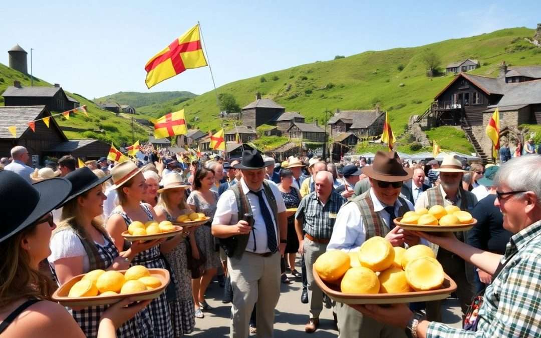 Cornish festival with miners, pasties, flags, and mining backdrop