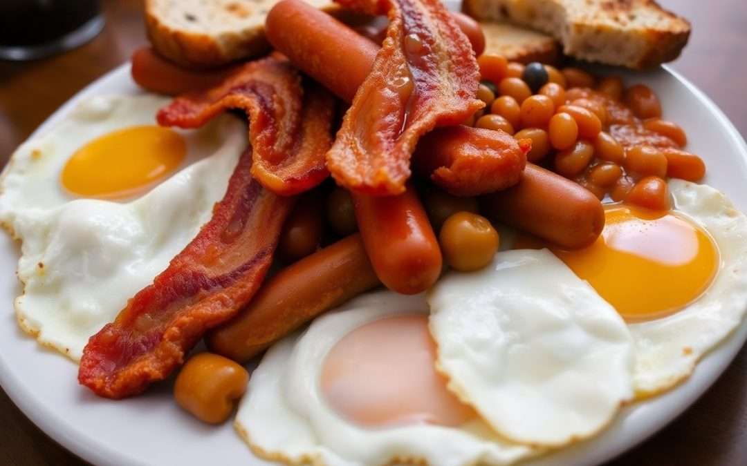 Full English breakfast plate with eggs, bacon, and toast.