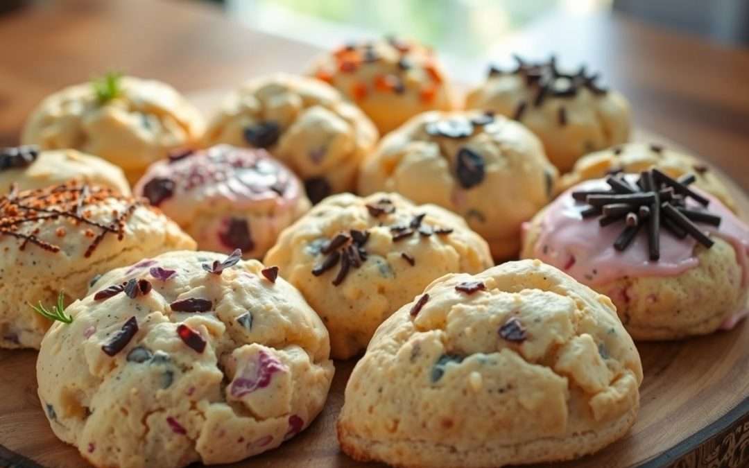 Creative scones with unique toppings and textures.