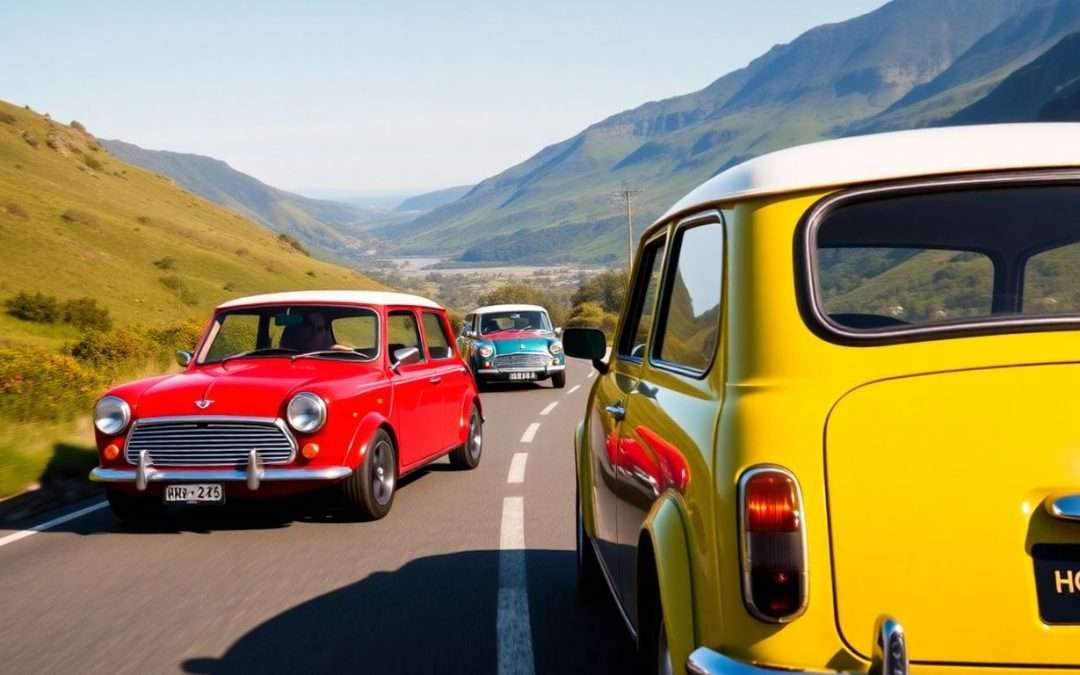 Mini Coopers driving on a scenic road in New Zealand.