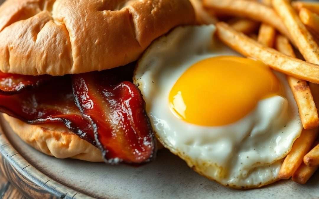 Ultimate bacon sandwich and fry-up close-up.