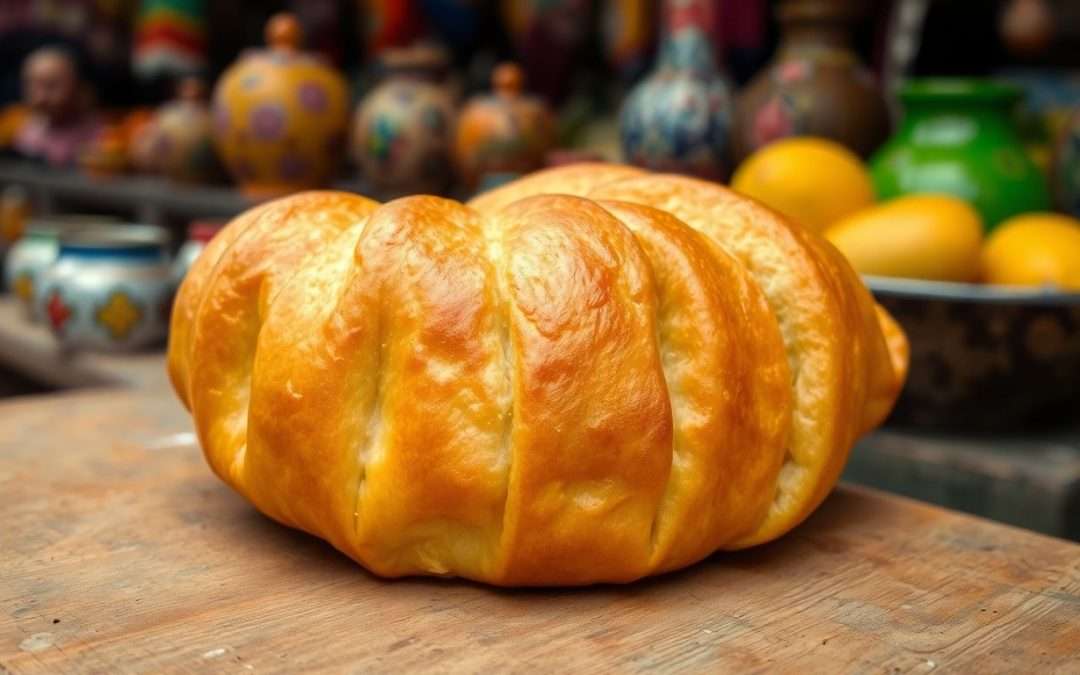 Golden pasty with flaky crust on wooden table.