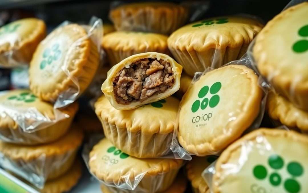 Co-op pork pies on a store shelf.