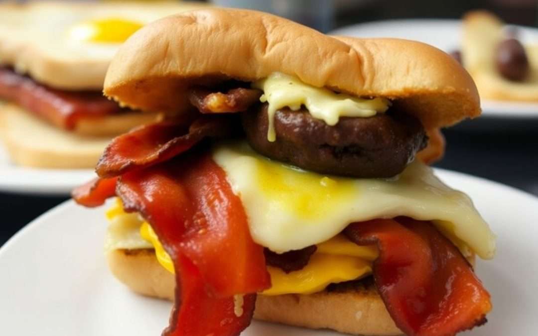 Breakfast sandwich and unappetizing full English breakfast.