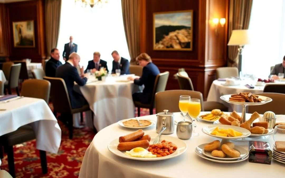 Hotel dining room with English and continental breakfast options.