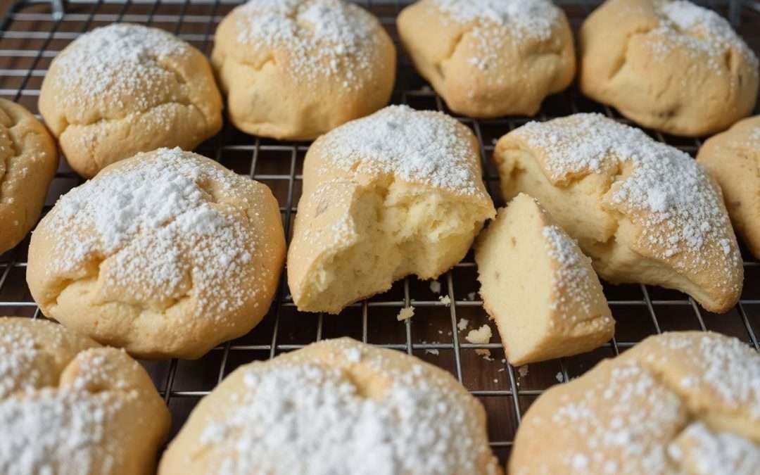 Freshly baked scones with powdered sugar.