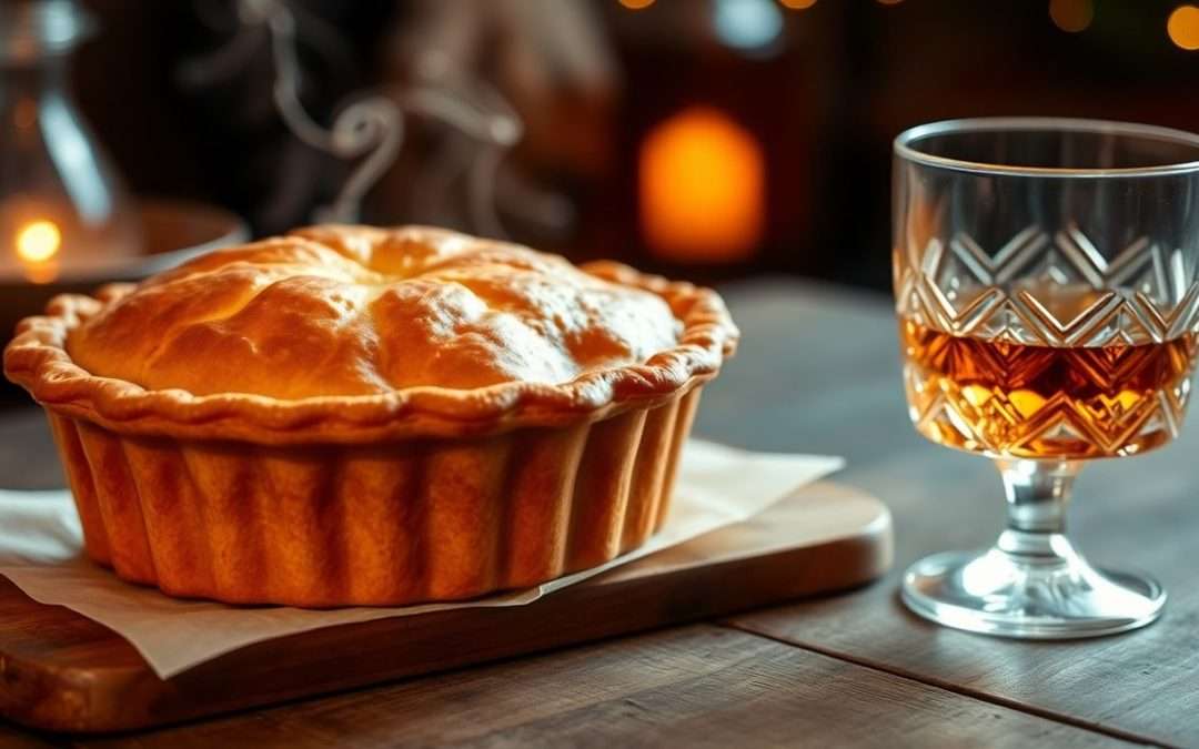 Golden pie and amber spirits on a wooden table.