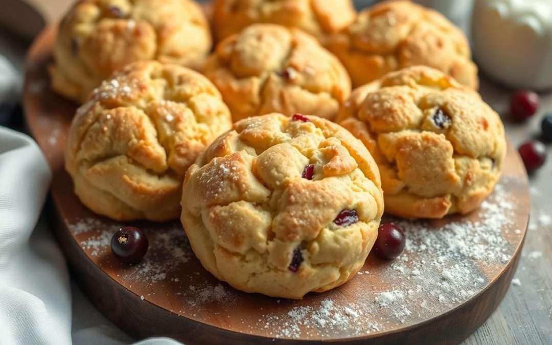 Perfectly baked fluffy scones on a wooden board.