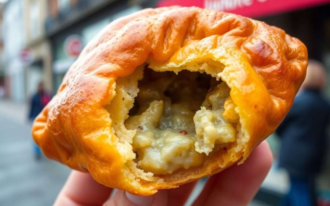 Londoner holding a golden Cornish pasty.