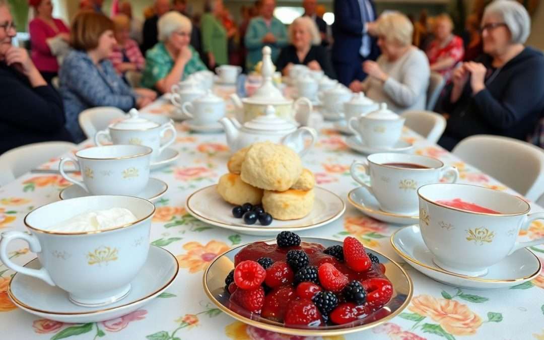 Scones, tea cups, and people at a community event