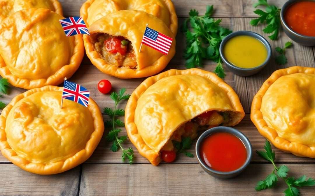 Supersized Cornish pasties with flags and sauces