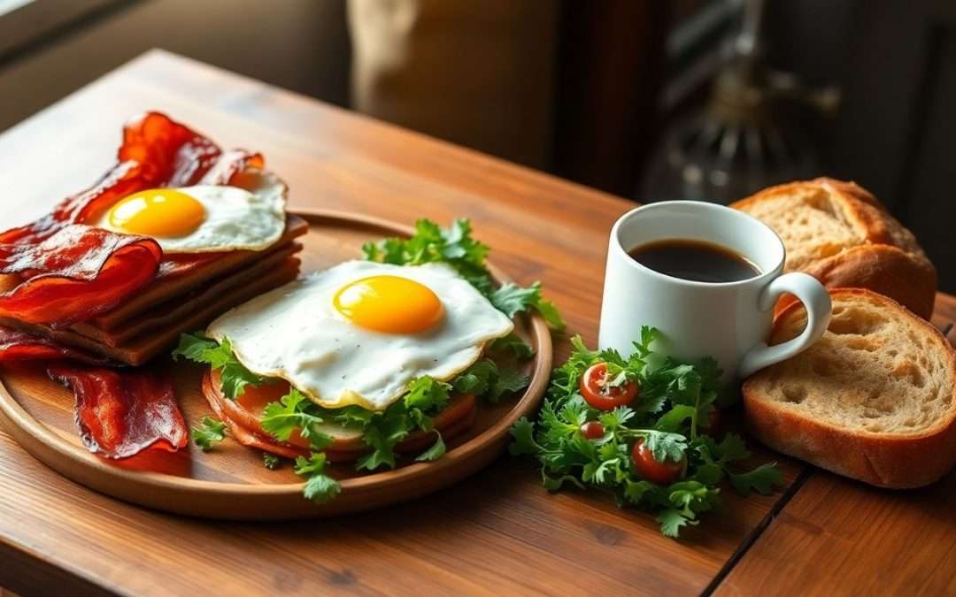 Crispy bacon sandwich with eggs and coffee breakfast