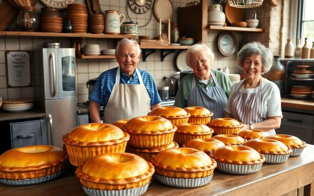 Elderly bakers with pork pies in cozy bakery