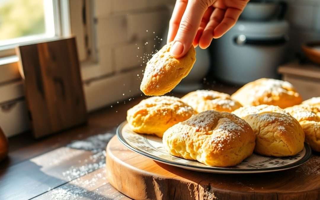 Delicious scones on a wooden board in a cozy kitchen.